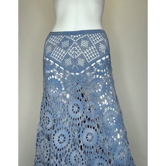 Ralph Lauren Vintage Size L Blue crochet Lace Bohemian Skirt Hand Knit Cotton - Picture 8 of 10